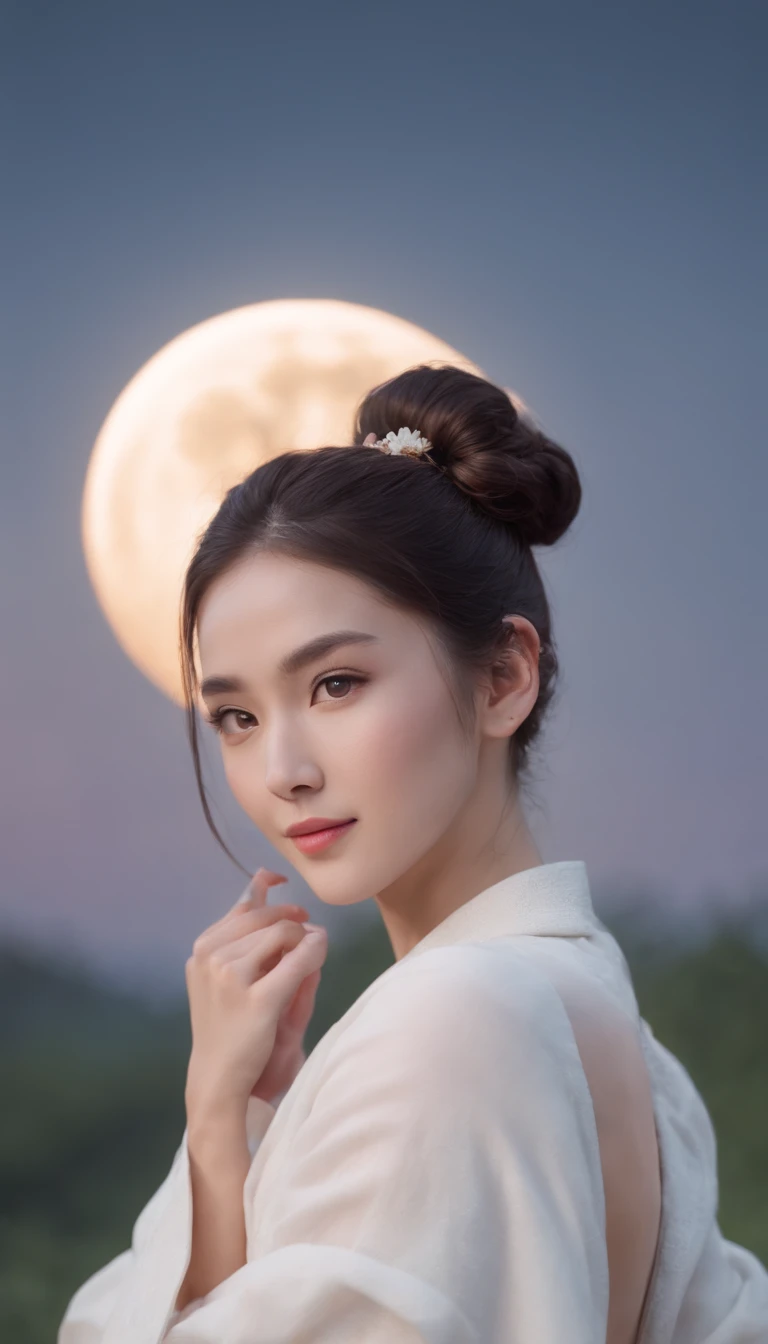 1girll, Moon, hair adornments, full moon, Cloud, sky,Night, naked and nude, Solo, Smile, flower, hug, hair flower, petals, , Blush, parted lip, Black hair, Rabbit, Cloudy sky, forehead mark, Black eyes, face markings, updo, Artist name, Animal hugs, Hanfu, hair-bun, Girl , Holding, Outdoors, Short hair,