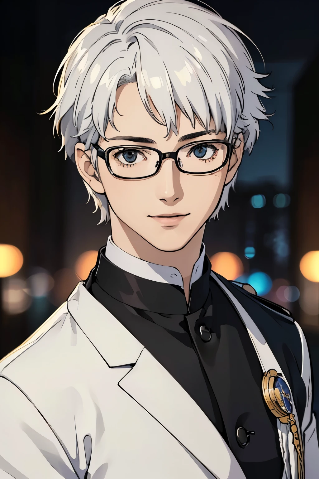 (best quality,4k,8k,highres,masterpiece:1.2),ultra-detailed,(realistic,photorealistic,photo-realistic:1.37)teenager,boy,white hair,glasses,black studant uniform Japanese, friendly expression,intense gaze,graceful posture,well-defined facial features, smiling