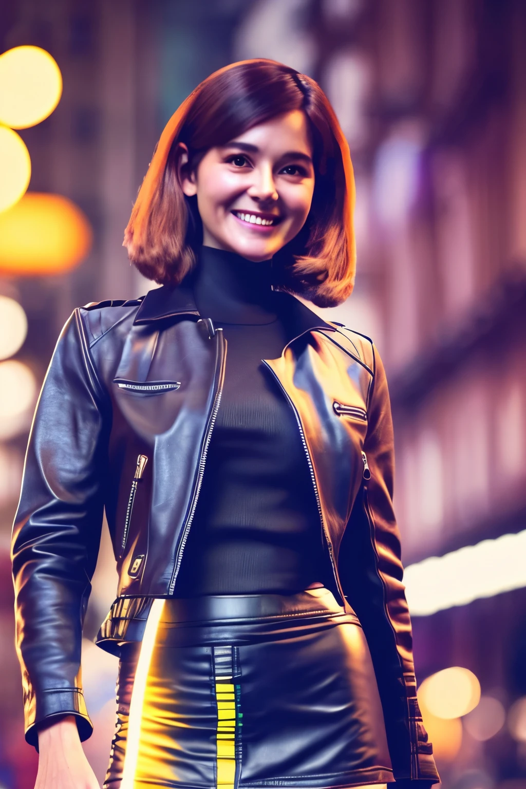 Hyper-realistic close-up photograph of a 35-year-old woman, masterpiece, Best quality, (Photorealistic:1.4), (black biker jacket over black crop top:1.1), (black leather mini skirt:1.2) Night street after rain, neon, Cinematic light, beautiful woman, skinny, , straight brown hair, detailed face, smile, photo taken from afar, age 20 years tears
