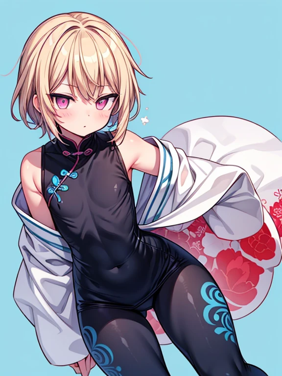 Wuxia,{{{BOY}}}, otokonoko, adorable face, shota, male, white skin, pink eyes, thicc thighs, short beautiful blonde hair,wearing a very long white chinese dress with blue pattern, black leggings,blue background