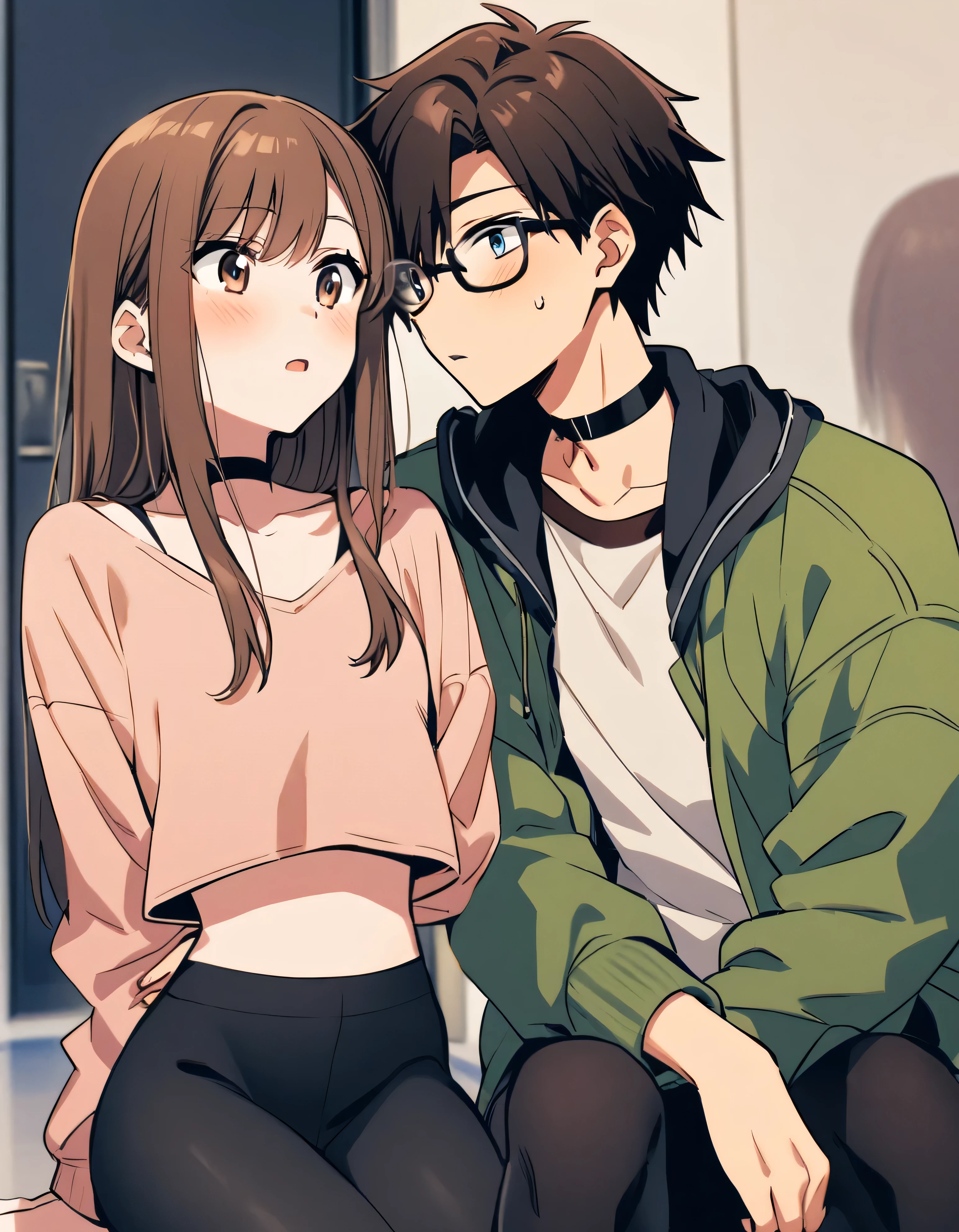 anime, two people, one 18 year old female with long brown hair wearing a choker and a crop top and leggings and no glasses, the other person is an 19 year old male with short dark brown hair and black rimmed glasses and an jacket, they are boyfriend and girlfriend