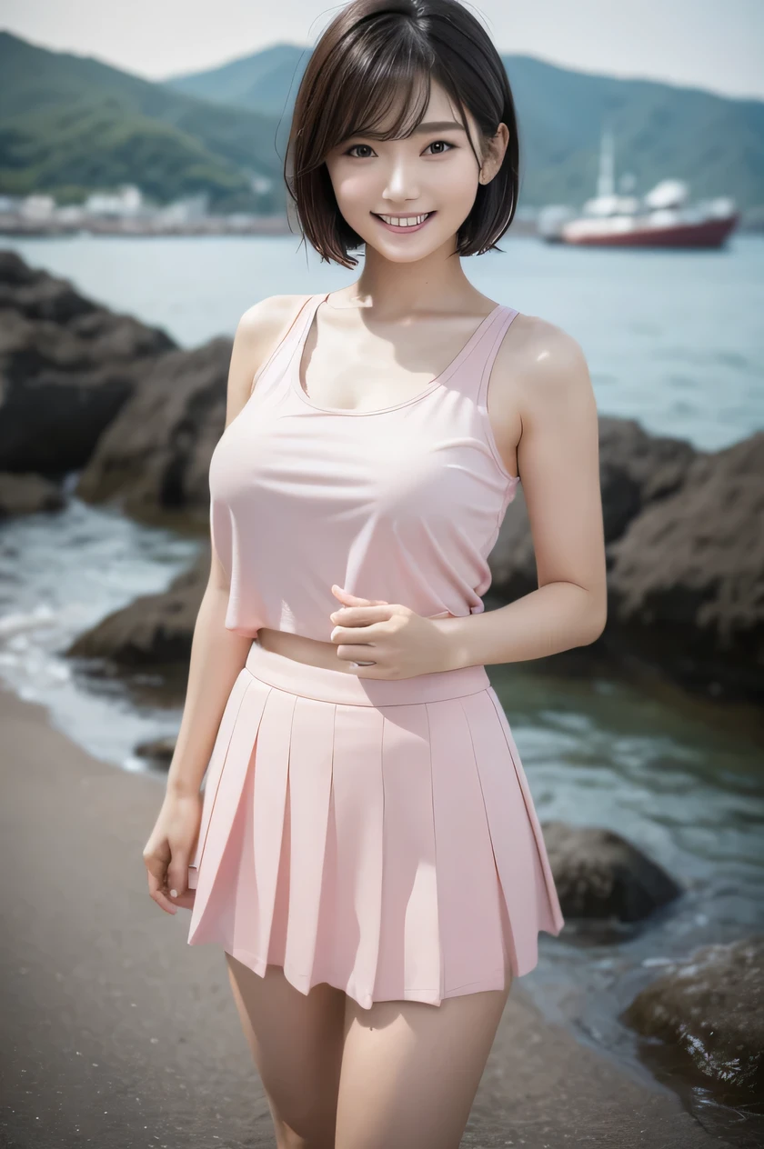 The beauty of 8K raw photos:2.0, Japanese woman, short hair, beautiful face and dark eyes, looking down, looking at the viewer:1.5, big smile, wet hair, tiny top, put hands on the hip, (tank top, pink skirt:1.2), shinny skin, realistic:1.9, very detailed, full body shot:1.2, High resolution RAW color photos, professional photos, Taken at the pool side, sitting on the chair, girl sexy portrait