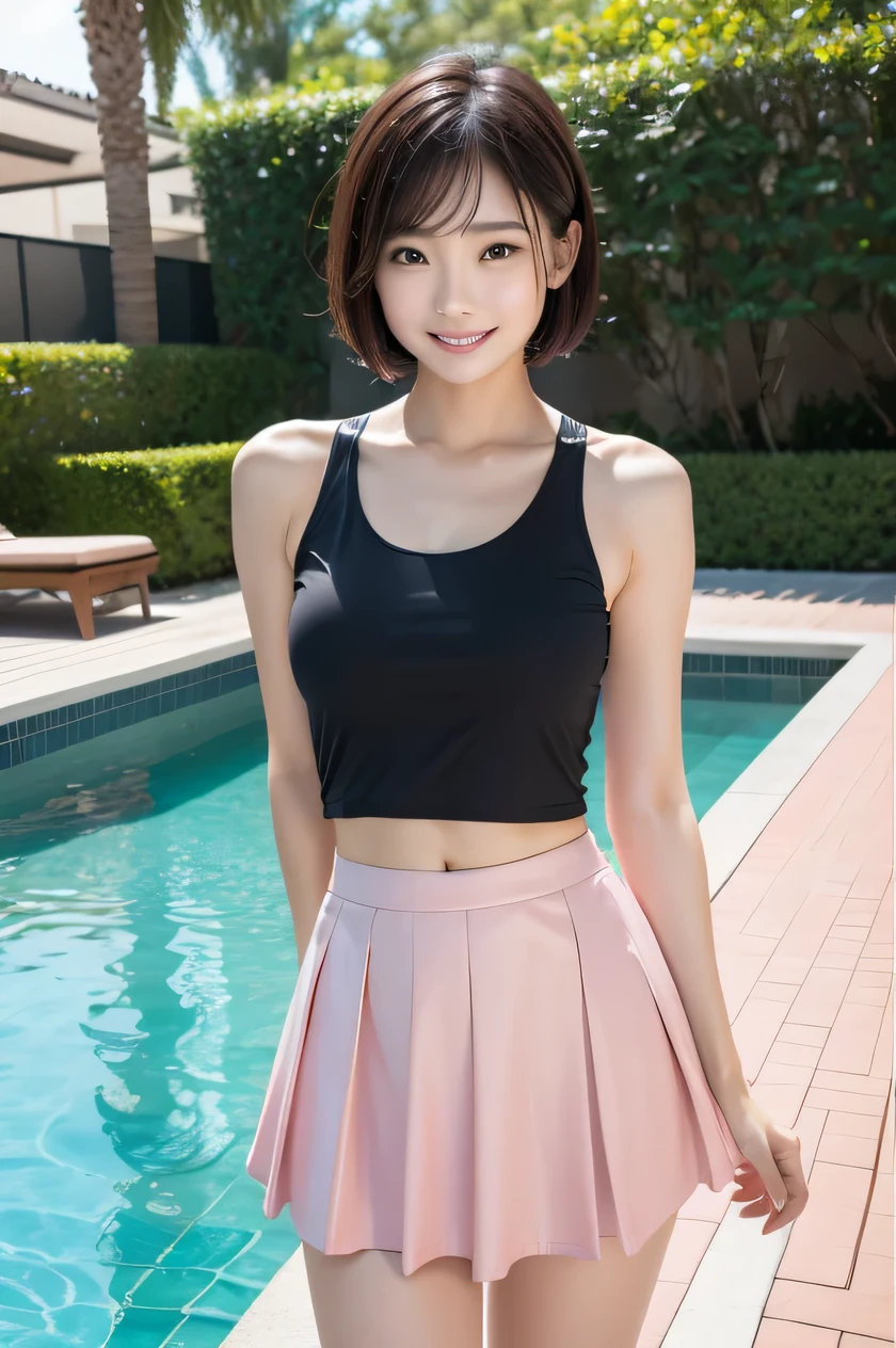 The beauty of 8K raw photos:2.0, Japanese woman, short hair, beautiful face and dark eyes, looking down, looking at the viewer:1.5, big smile, wet hair, tiny top, put hands on the hip, (tank top, pink skirt:1.2), shinny skin, realistic:1.9, very detailed, full body shot:1.2, High resolution RAW color photos, professional photos, Taken at the pool side, girl sexy portrait