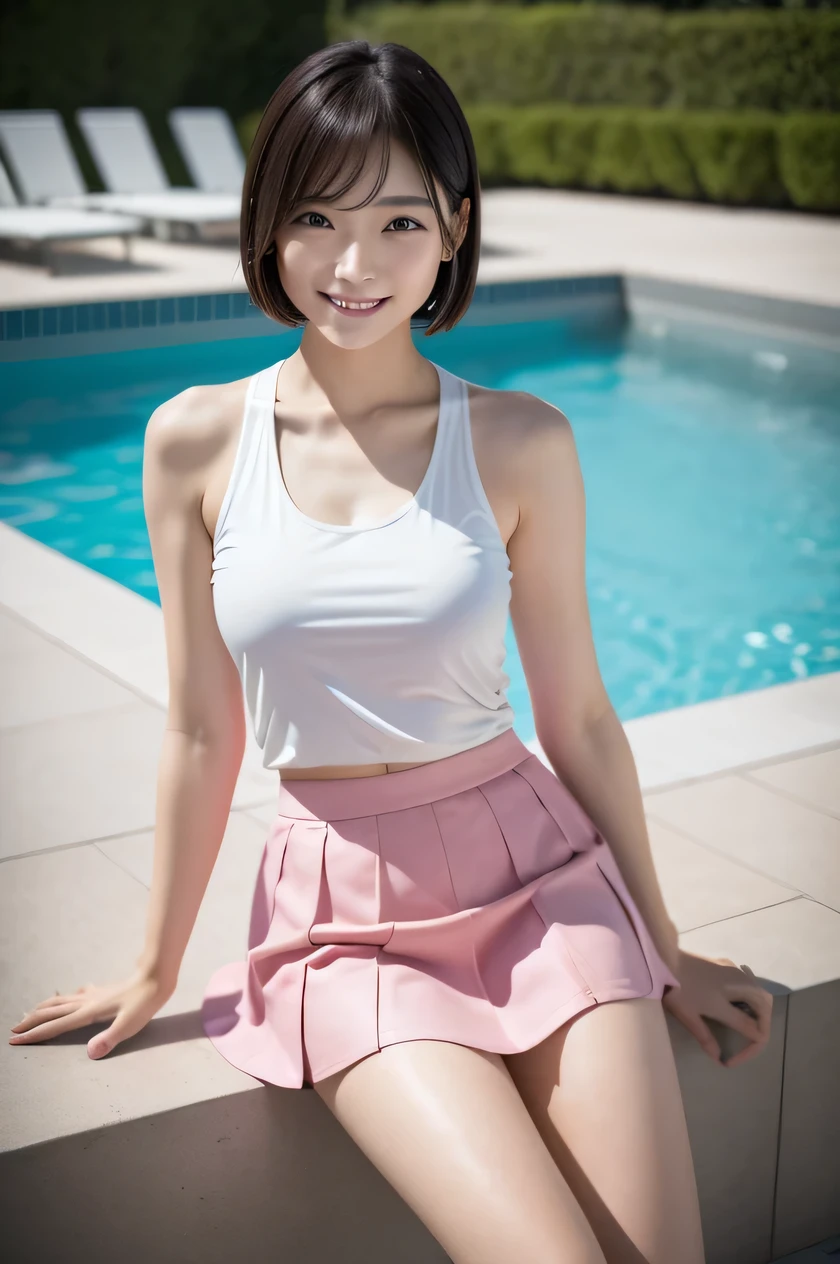 The beauty of 8K raw photos:2.0, Japanese woman, short hair, beautiful face and dark eyes, looking down, looking at the viewer:1.5, big smile, wet hair, tiny top, put hands on the hip, (tank top, pink skirt:1.2), shinny skin, realistic:1.9, very detailed, full body shot:1.2, High resolution RAW color photos, professional photos, Taken at the pool side, sitting on the chair, girl sexy portrait