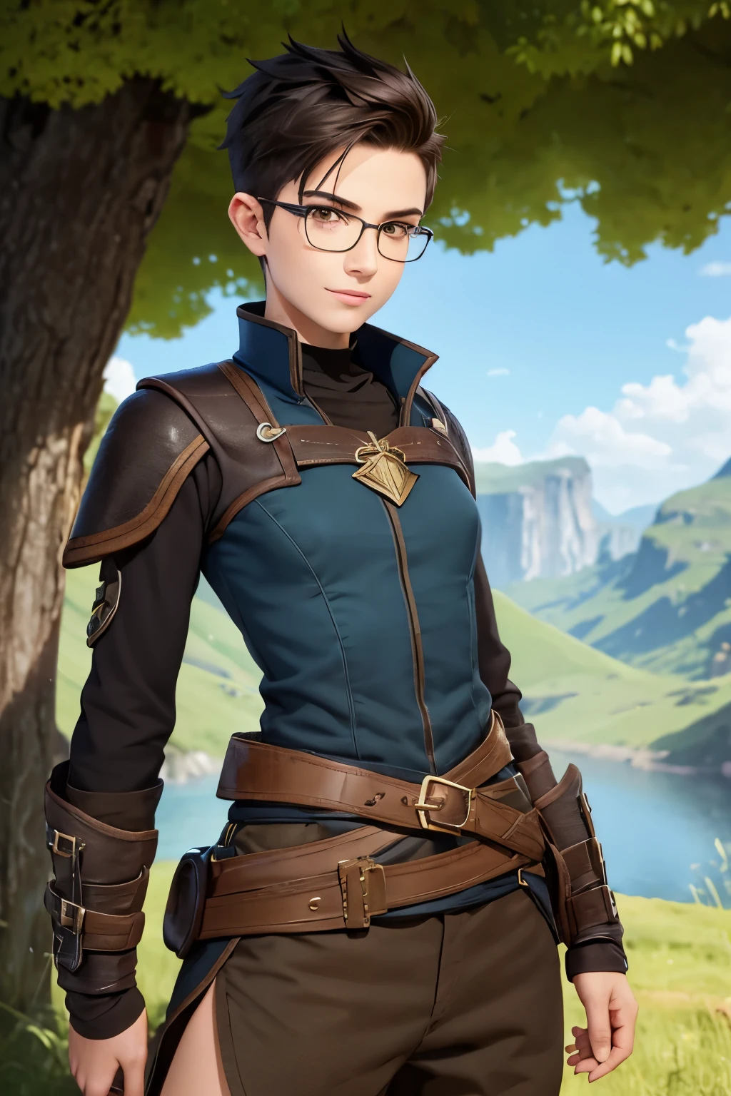 A happy young woman with an undercut in a fantasy setting. An adventurer and a ranger. Very androgynous looking. In a good mood. Sympathic. Tomboyish. Androgynous. Slim body. Very . Very small breasts. Wide hips. Thick legs. Face: Extremly pale skin with liverspots and freckles. Soft narrow face with a round chin. Soft small jaw. Big forehead. Very thin barely visible eyebrows. Upturned big dark-brown eyes. Dark-brown eyecolour. Very long and wide nose. Big curved lips. Very short dark-brown hair. A boyish short haircut. Undercut. Sides shaved. A tight black fantasy outfit of a lonley adventurer and ranger. Glasses. Background: green meadow and a blue sky.