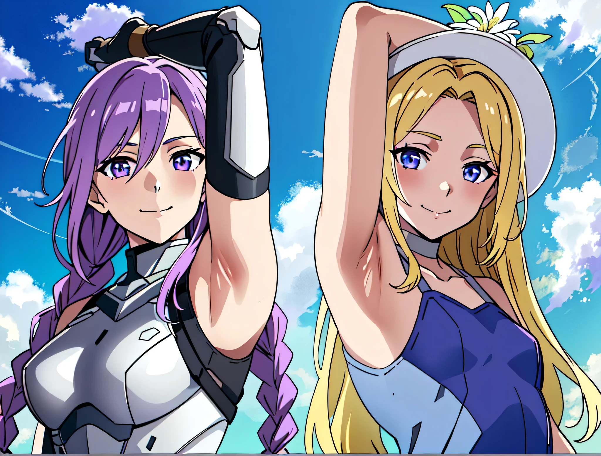 2girls, (purple and white hair:1.2), (purple white gradient long hair:1.4), braids, (twin braids:1.1), long braids, big braids, ahoge, (purple eyes:1.1), light purple gloving, medium breasts, bodysuit, armored bodysuit, futuristic bodysuit, sleeveless, white and black bodysuit, breastplate, white breastplate, gloves, elbow gloves, armored gloves, light smile, closed mouth, indifferent, kind, smile, (blue eyes,:1.1), medium breasts, dress, straps, collarbone, summer dress, light-blue dress, sleeveless, bare hands, bare shoulders, long hair, very long hair, blonde hair, hat, (small hat:1.2), white hat, sun hat, white sun hat, forehead, flower, (hat flower:1.2), white flower, anime screencap, day, outside, clouds, blue sky, clear sky, day, frontlighting, masterpiece, absurdres, hdr, soft light, best quality, detailed, highres, shiny skin, shiny hair, (looking at viewer, eye contact with viewer:1.5), arm up, armpit, arm above head, arm behind head, from below, from side