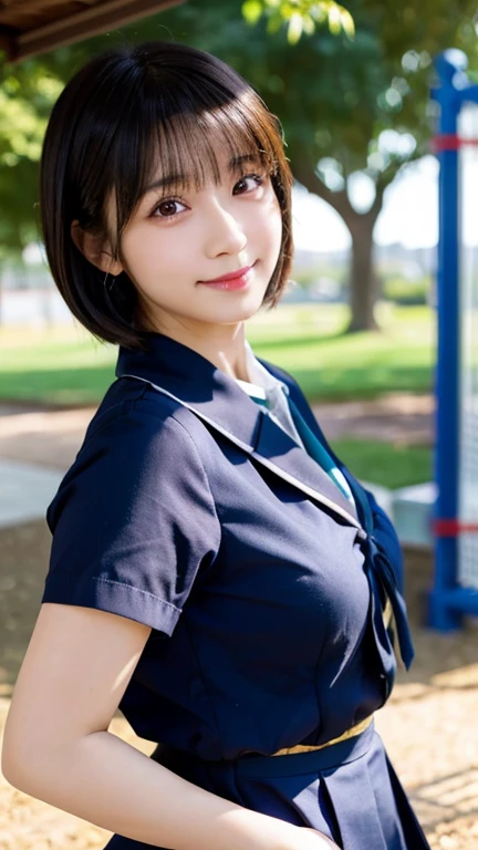 (highest quality,masterpiece:1.3,Ultra-high resolution),(Very detailed,Caustics,8k),(Realistic:1.4,RAW shooting),1 girl,18-year-old,cute,Japanese,Black short bob,(school uniform),(Look at me with a smile),morning,blue sky,sun,Natural light,School Playground,(Front shot),Face Focus,Face close-up,Bust up shot,Low position,Low Angle