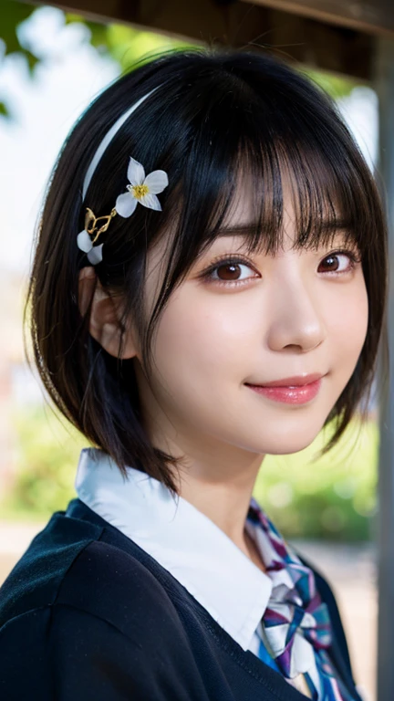 (highest quality,masterpiece:1.3,Ultra-high resolution),(Very detailed,Caustics,8k),(Realistic:1.4,RAW shooting),1 girl,18-year-old,cute,Japanese,Black short bob,(school uniform),(Look at me with a smile),morning,blue sky,sun,Natural light,School Playground,(Front shot),Face Focus,Face close-up,Bust up shot,Low position,Low Angle