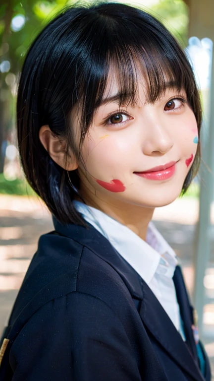 (highest quality,masterpiece:1.3,Ultra-high resolution),(Very detailed,Caustics,8k),(Realistic:1.4,RAW shooting),1 girl,18-year-old,cute,Japanese,Black short bob,(school uniform),(Look at me with a smile),morning,blue sky,sun,Natural light,School Playground,(Front shot),Face Focus,Face close-up,Bust up shot,Low position,Low Angle