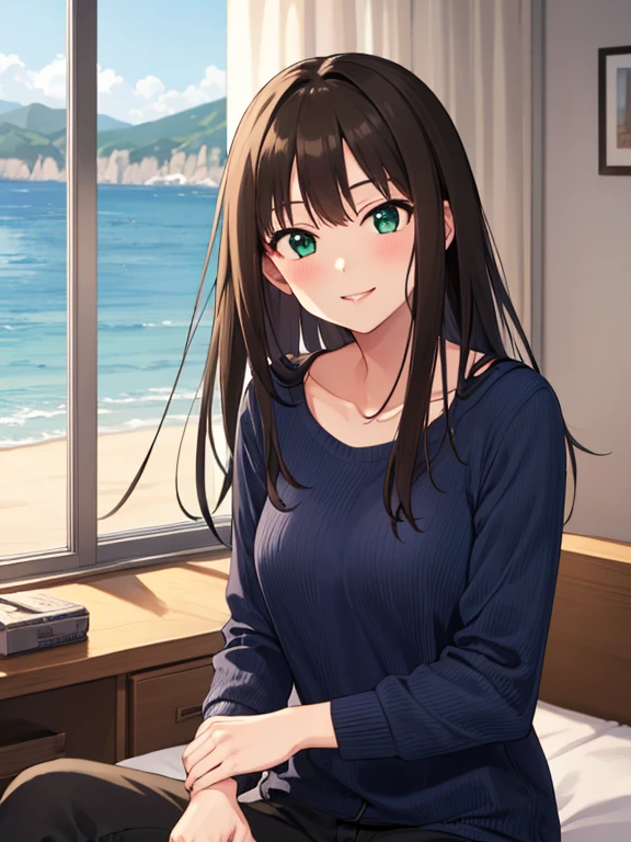 Rin Shibuya、1 girl, Mature Woman, Green Eyes、Long black hair、Casual clothing、Blue sweater、Long trousers、Smiling Kindly、bow, highest quality, hire, Detailed face, Coastal、 Home bedroom、 Detailed Background, Written boundary depth, Bokeh