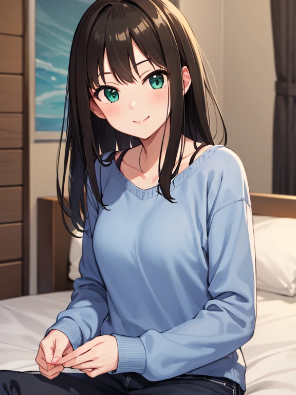 Rin Shibuya、1 girl, Mature Woman, Green Eyes、Long black hair、Casual clothing、Blue sweater、Long trousers、Smiling Kindly、bow, highest quality, hire, Detailed face, Coastal、 Home bedroom、 Detailed Background, Written boundary depth, Bokeh