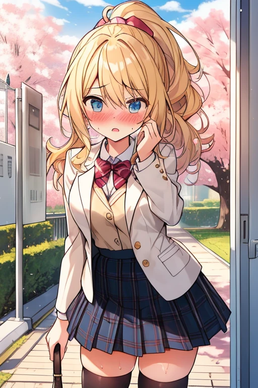 ((( masterpiece, highest quality))), ((girl)),、Browsing Caution、at close range、cute、blonde、Long Hair、Curly Ponytail、White Blazer、Checked skirt、Lift up the skirt:1.4、Knee socks vibrator thighvibe, Black lace panties、Life、anger、anger look、anger、((close)), ((Blushed)),,,Sweat、Perfect lighting、Natural light、Perfect composition、school gate、cherry blossoms