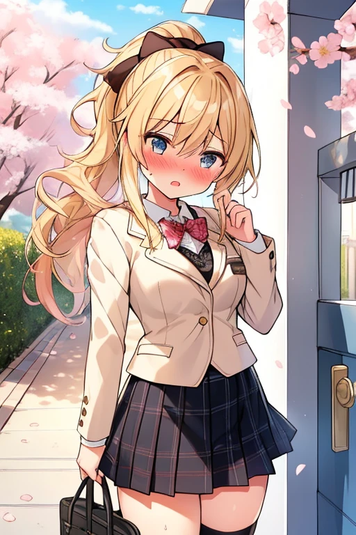((( masterpiece, highest quality))), ((girl)),、Browsing Caution、at close range、cute、blonde、Long Hair、Curly Ponytail、White Blazer、Checked skirt、Lift up the skirt：1.4、Knee socks vibrator thighvibe, Black lace panties、Life、anger、anger look、anger、((close)), ((Blushed)),,,Sweat、Perfect lighting、Natural light、Perfect composition、school gate、cherry blossoms