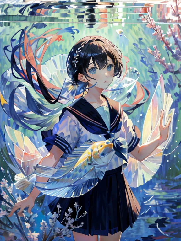 bubble, evaluation:Safety, air_bubble, underwater, One girl, fish, length_hair, water没した, School_uniform, serafuku, alone, water, skirt, neckerchief, short_sleeve,(Impressionism:1.4),
