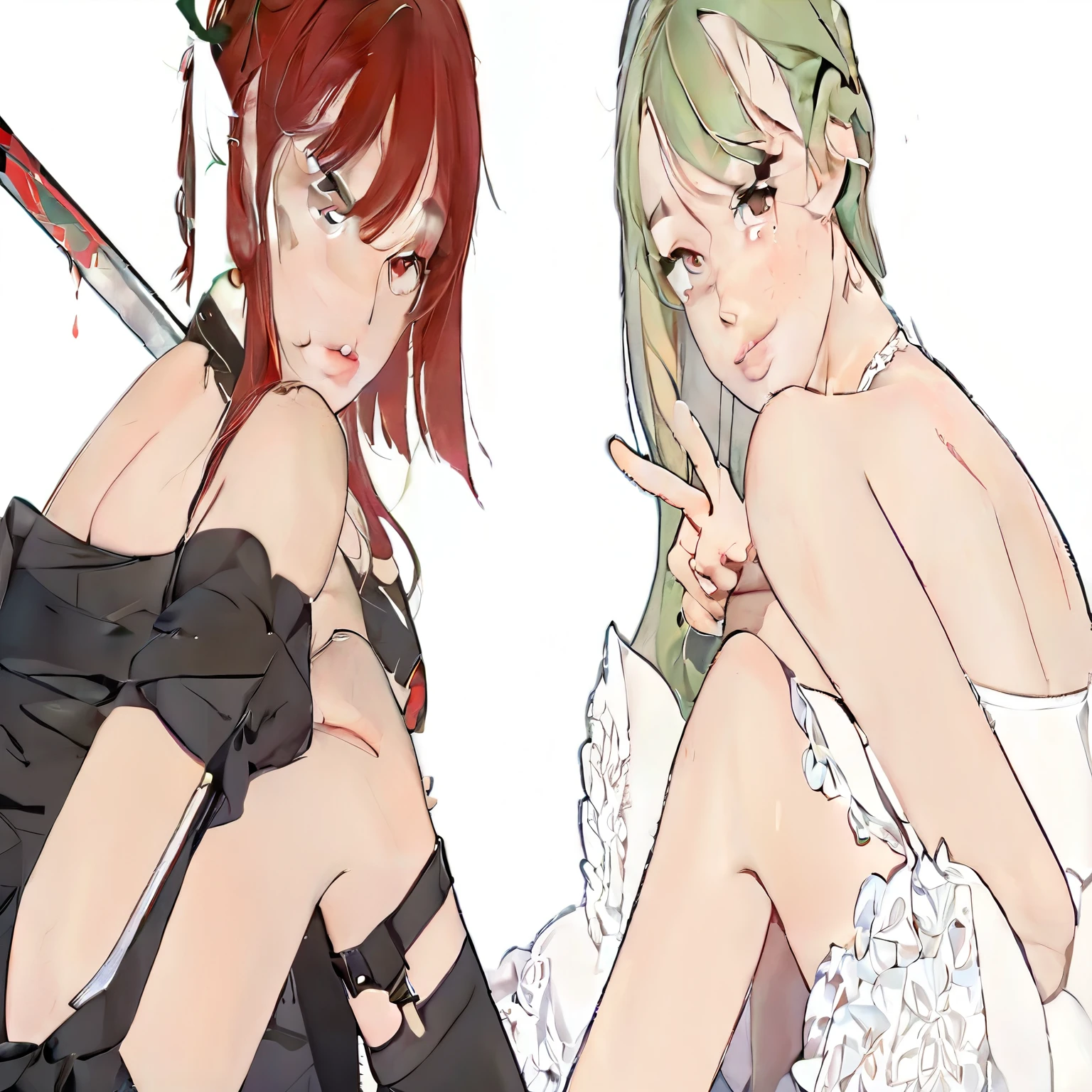 anime characters with a knife and a woman with a dress, loish and wlop, r / art, r/art, r /art, pixiv style, wlop and sakimichan, viridian and venetian red, nixeu and sakimichan, pixiv, girls frontline style, at pixiv, digital anime illustration