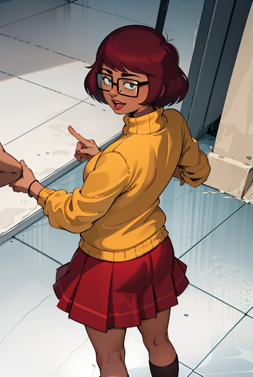 mkvd, 1girl, turtleneck sweater, sweater yellow, red skirt, happy, looking at viewer, glasses, , cameltoe, yellow panties panties w, pancus, panties z under view,