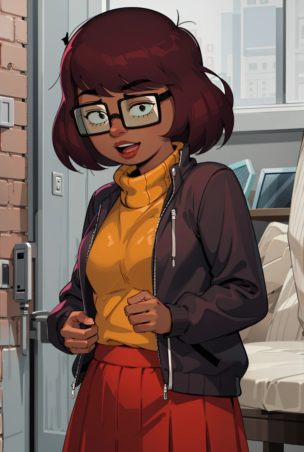 mkvd, 1girl, turtleneck sweater, sweater yellow, red skirt, happy, looking at viewer, glasses,
