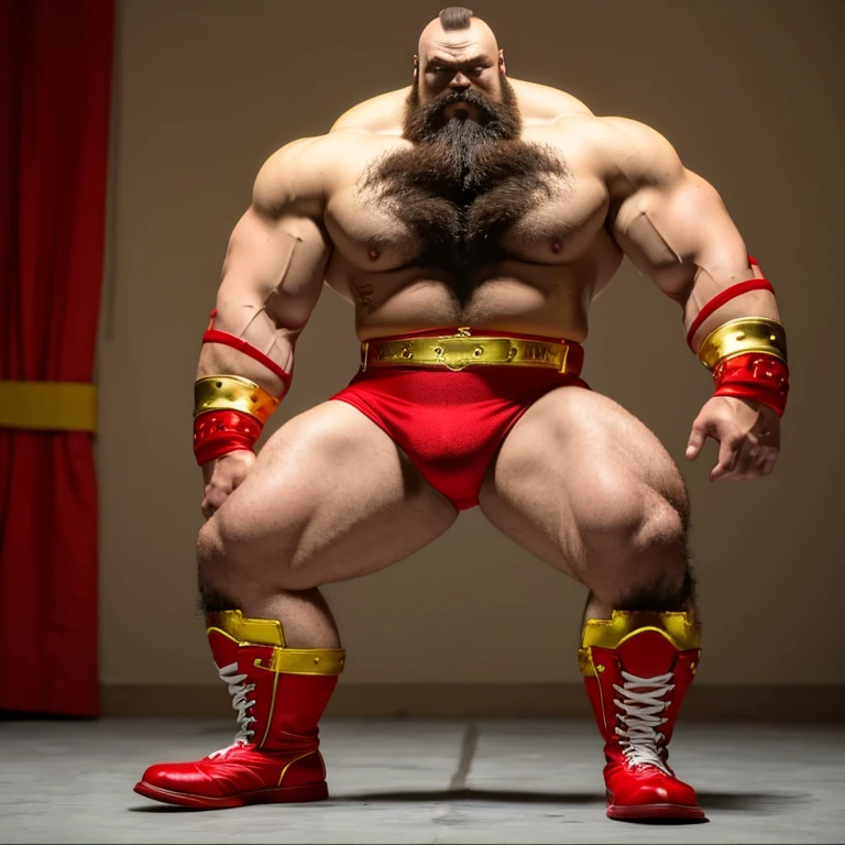 zangief,a man with a beard and a golden belt, fighting game character, street fighter 5,muscled humanoid,heavy looking,buff man,wrestler,Red short briefs,capcom,street fighter,shirtless,muscular male,chest hair,visually weighty,bearded man,mohawk hair,no wristband,Red Wrestling Boots,best quality 