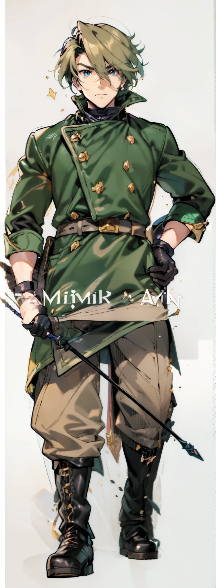 (Link:1)(Warrior:1), (adult man:1.33), standing, full body, leather combat boots, beige pants,(dark black gloves:1.5) , (narrow eyebrows:0.33), (confident:1.4), (smiling:0.4), (clenching fists:0.33), scarf, holding riding crop,male,confident,strong,tall, from_below, dominant,bdsm,evil,staring,detailed, military , coat,