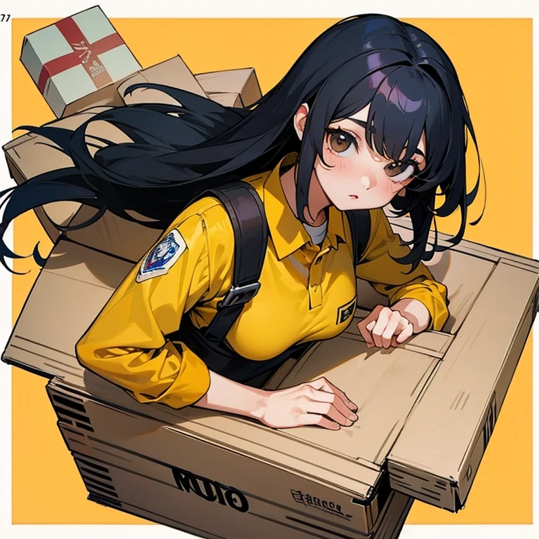 Una mujer anime de cabello largo y rubio, holding a brown shipping box in his arms, chica con uniforme, chica trabajando de cartera, chica trabajando con gorra, uniforme azul, con una caja marron en brazos, anime 2d manga hd, Chica anime cartera, uniforme, trabajando, chica manga 2d, rubia, ojos llamativos, con un paquete de envios en sus brazos, chica anime mensajera agarrando una caja de envio, HD MANGA 2D, una chica sosteniendo un paquete de envios, chica agarrando una caja marron de envios, chica mensajera trabajando, chica trabajando de cartera, chica con la caja en sus brazos, chica agarrando la caja, chica adulta, trabajadora, con uniforme azul