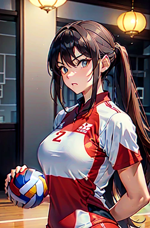 Only one female, /(Volleyball Uniforms/), Dynamic pose, /(Light brown hair/) bangs, (A look of determination, Turn your back), (Top quality masterpiece:1.2) Delicate illustrations with super detail, break /(Indoor volleyball court/)