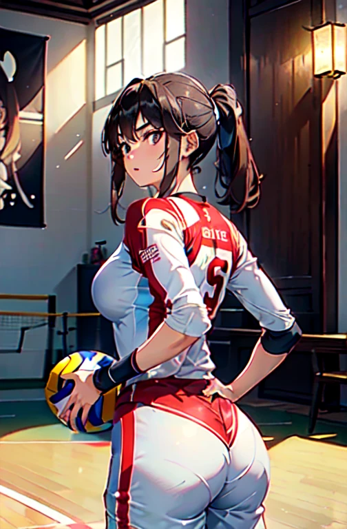 Only one female, /(Volleyball Uniforms/), Dynamic pose, /(Light brown hair/) bangs, (A look of determination, Turn your back), (Top quality masterpiece:1.2) Delicate illustrations with super detail, break /(Indoor volleyball court/)