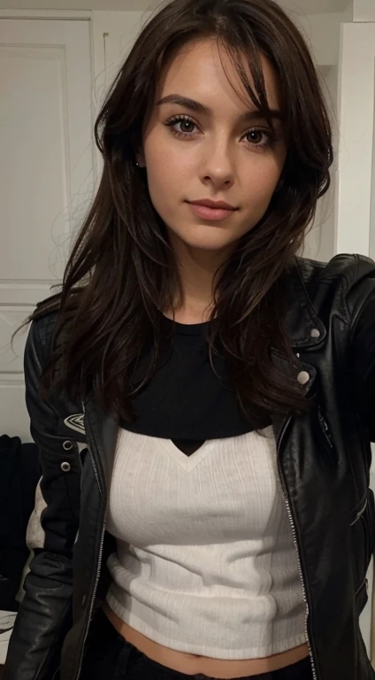 fille réaliste brune avec débardeur blanc et veste en cuir noir fait selfie dans sa chambre 
