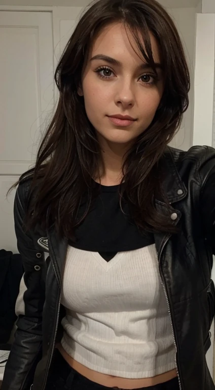 fille réaliste brune avec débardeur blanc et veste en cuir fait selfie dans sa chambre