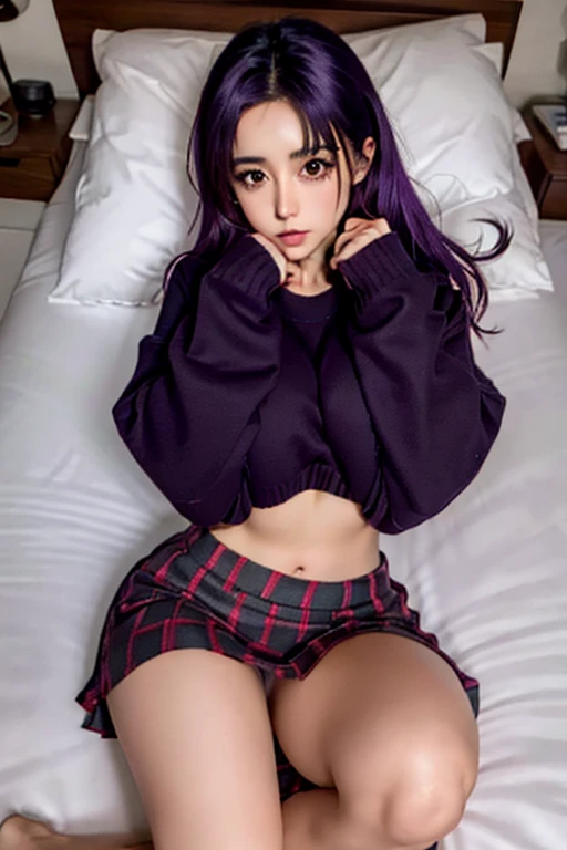 Create a picture of a naked anime girl with long purple hair, wearing a red checked skirt and a black top and lying on a purple bed