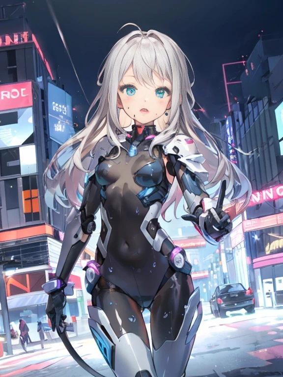 ((masterpiece:1.4、highest quality))+、(Ultra-detailed)+、
One Girl、Cyberpunk City、Flat Chest、Wavy Hair、Mecha clothing、(Robot Girl)、Cool Moves、Silver Bodysuit、Colorful background、Wet day、(Effects of lightning)、Silver Dragon Armor、(Cold Face)、Cowboy Shot、pretty girl