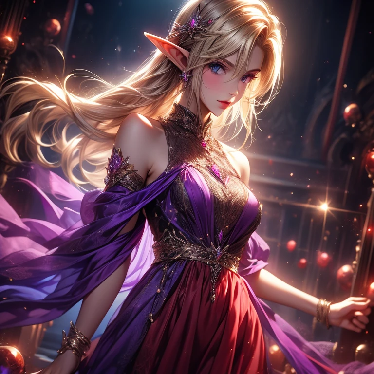 one female adult elf with darkblonde hair wearing a tight short purple red sexy dress with gemstones
