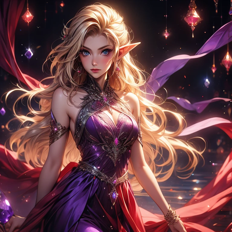 one female adult elf with darkblonde hair wearing a tight short purple red sexy dress with gemstones 