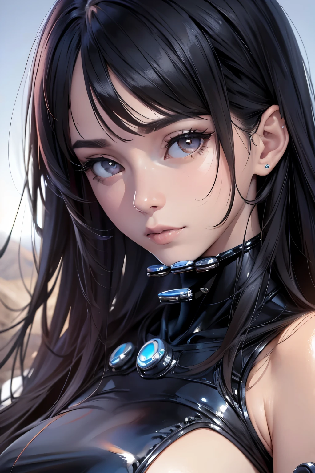 (desert landscape), (finely detailed eyes and detailed face:1.3), (extremely fine and beautiful:1.1), (Perfect details:1.1), ((gros seins)), reika shimohiro, long hair, black hair, black eyes, lips, large breasts, latex, black bodysuit, bodysuit, science fiction, cyberpunk