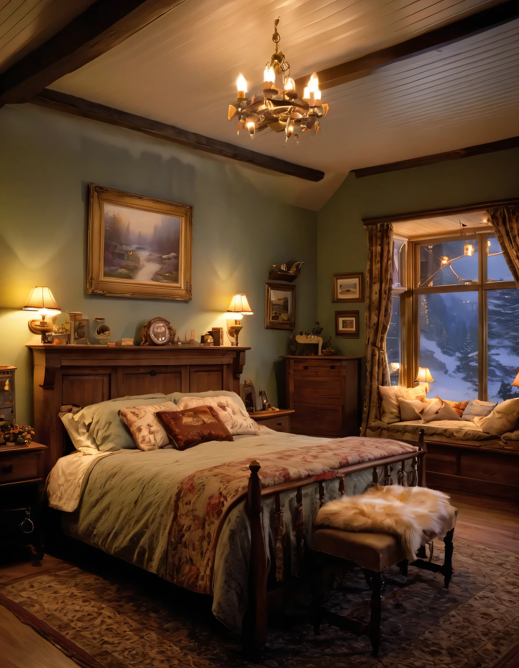 arafed bedroom with a fireplace and a bed with a blanket, thomas kinkade. cute cozy room, cozy and calm, cozy setting, very cozy, cozy wallpaper, cozy room, cozy place, cozy and peaceful atmosphere, cosy enchanted scene, cozy candlelight, cozy environment, cozy bed, soothing and cozy landscape, cozy atmosphere, cosy fireplace