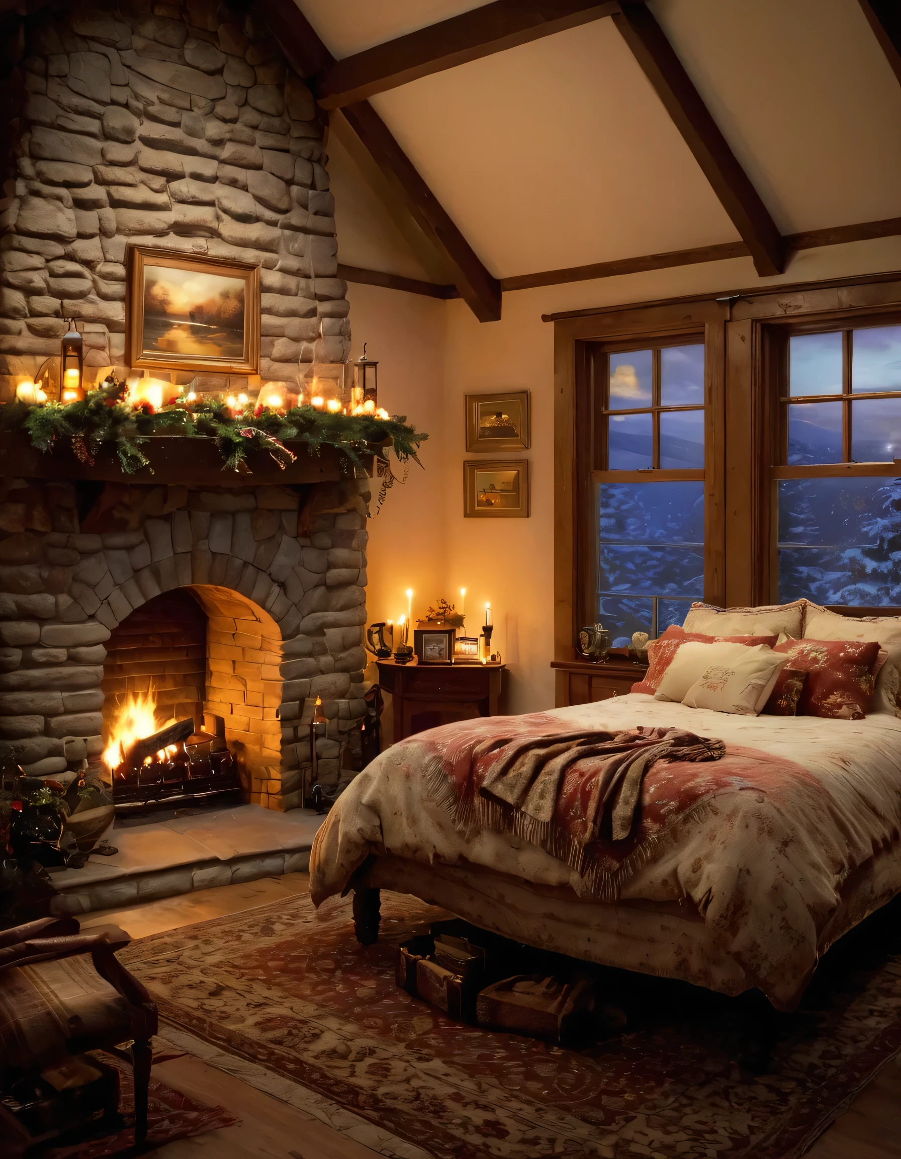 arafed bedroom with a fireplace and a bed with a blanket, thomas kinkade. cute cozy room, cozy and calm, cozy setting, very cozy, cozy wallpaper, cozy room, cozy place, cozy and peaceful atmosphere, cosy enchanted scene, cozy candlelight, cozy environment, cozy bed, soothing and cozy landscape, cozy atmosphere, cosy fireplace