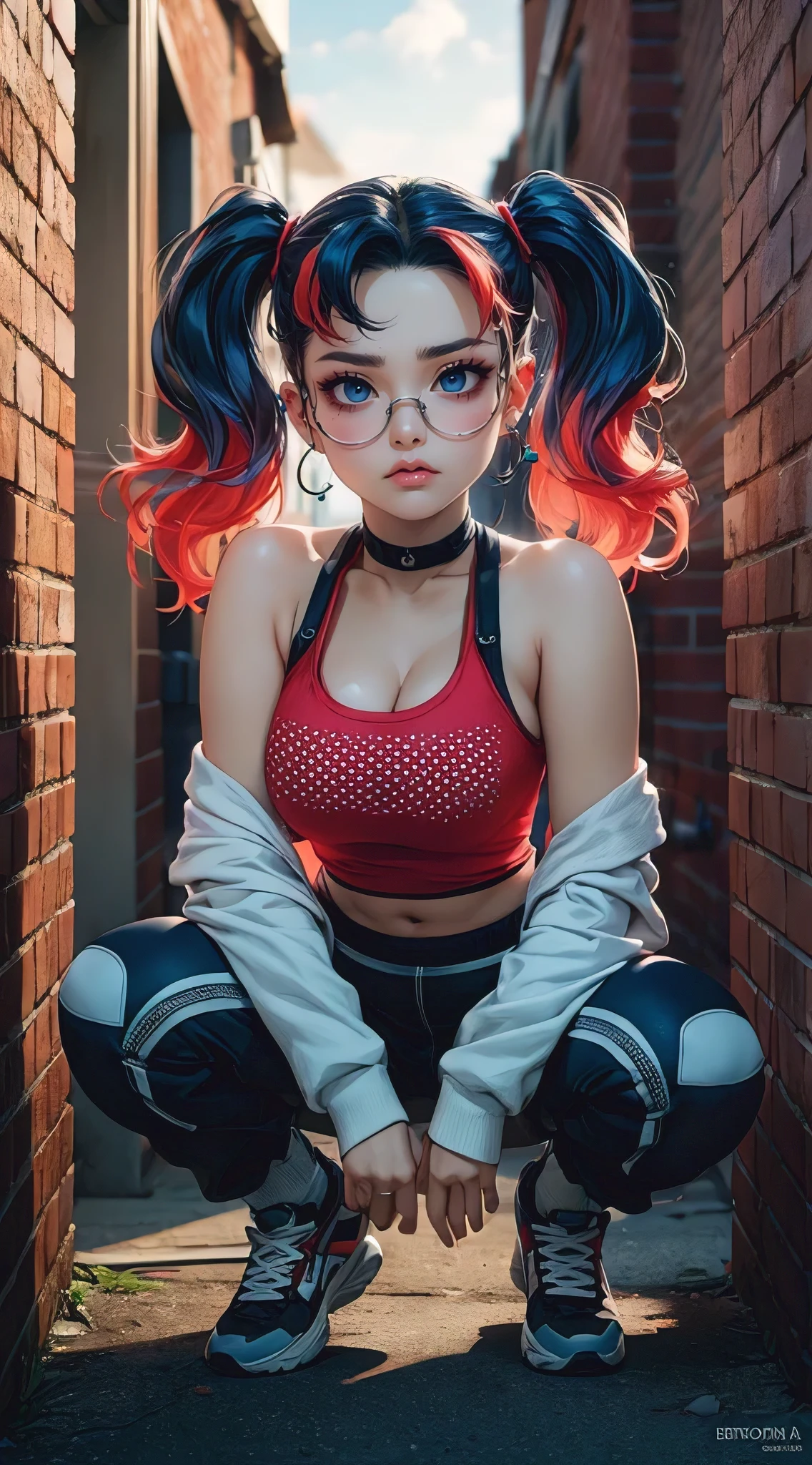 A striking photorealistic anime illustration in the style of Artgerm and Gerald Brom, featuring a captivating busty woman with a voluptuous yet slim figure. (Big breasts). She has wavy blue and red gradient hair styled in twintails, big, gorgeous eyes, glasses, and a lip piercing. Her dark makeup contrasts with her vibrant red tank top featuring white patterns and techwear pants and sneakers. The character is sitting at the corner between brick walls of a back alley during the late afternoon, bathed in natural light. The overall composition and attention to detail showcase the best quality of the illustration.