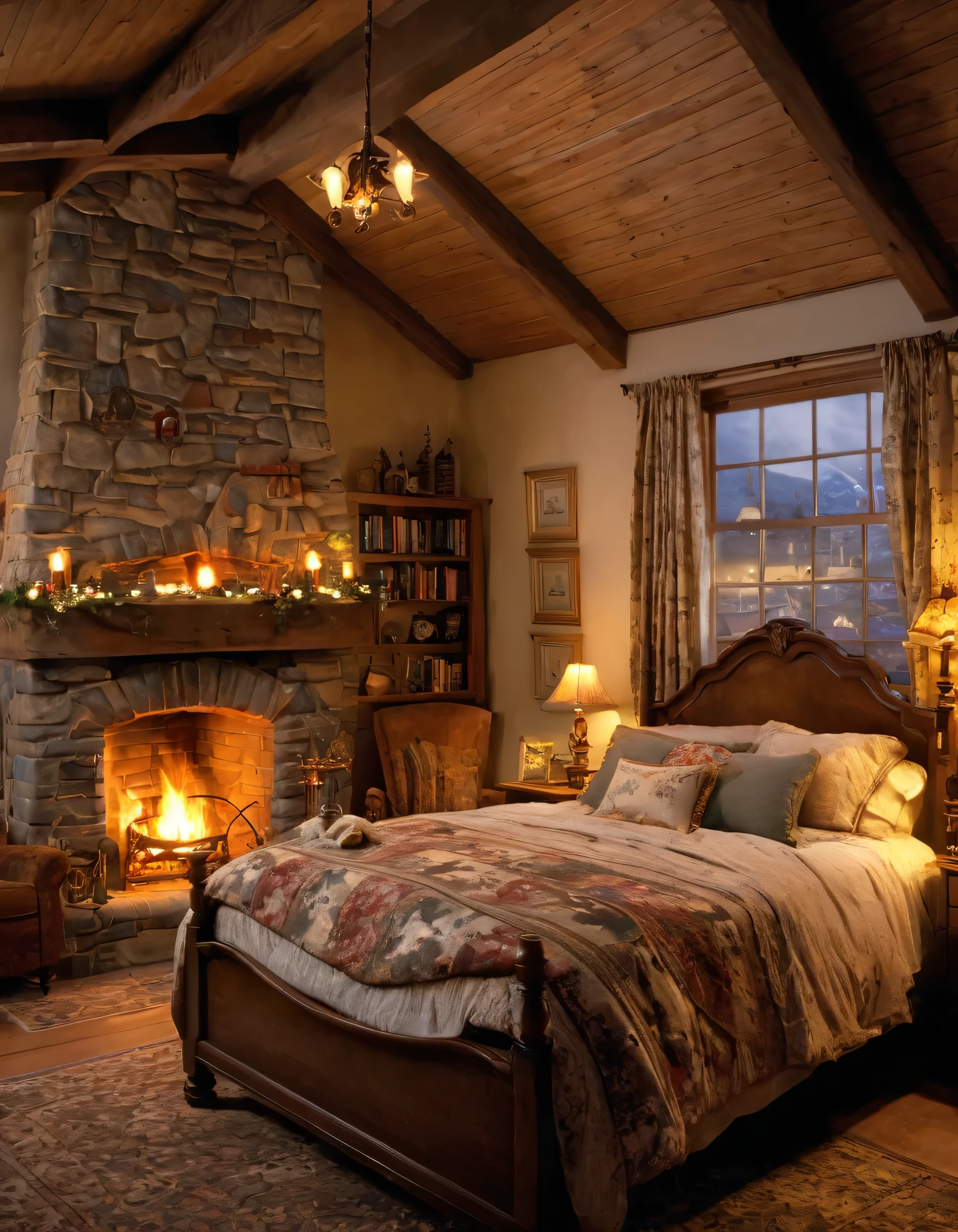 arafed bedroom with a fireplace and a bed with a blanket, thomas kinkade. cute cozy room, cozy and calm, cozy setting, very cozy, cozy wallpaper, cozy room, cozy place, cozy and peaceful atmosphere, cosy enchanted scene, cozy candlelight, cozy environment, cozy bed, soothing and cozy landscape, cozy atmosphere, cosy fireplace
