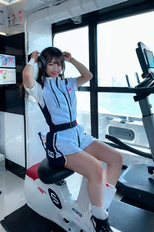 Girl straddling the seat cushion of a gym bike, Dolphin Shorts,astrovest,headphone,Astronaut training equipment,Inside the spaceship,White and blue futuristic space station interior, The universe seen from the window空間,LED lighting, Wide々and space, Wall-mounted screen, Fitness equipment storage,, The universe seen from the window, Futuristic Design, And the fine details. She is in training, standing on the zero gravity treadmill, Fun expression