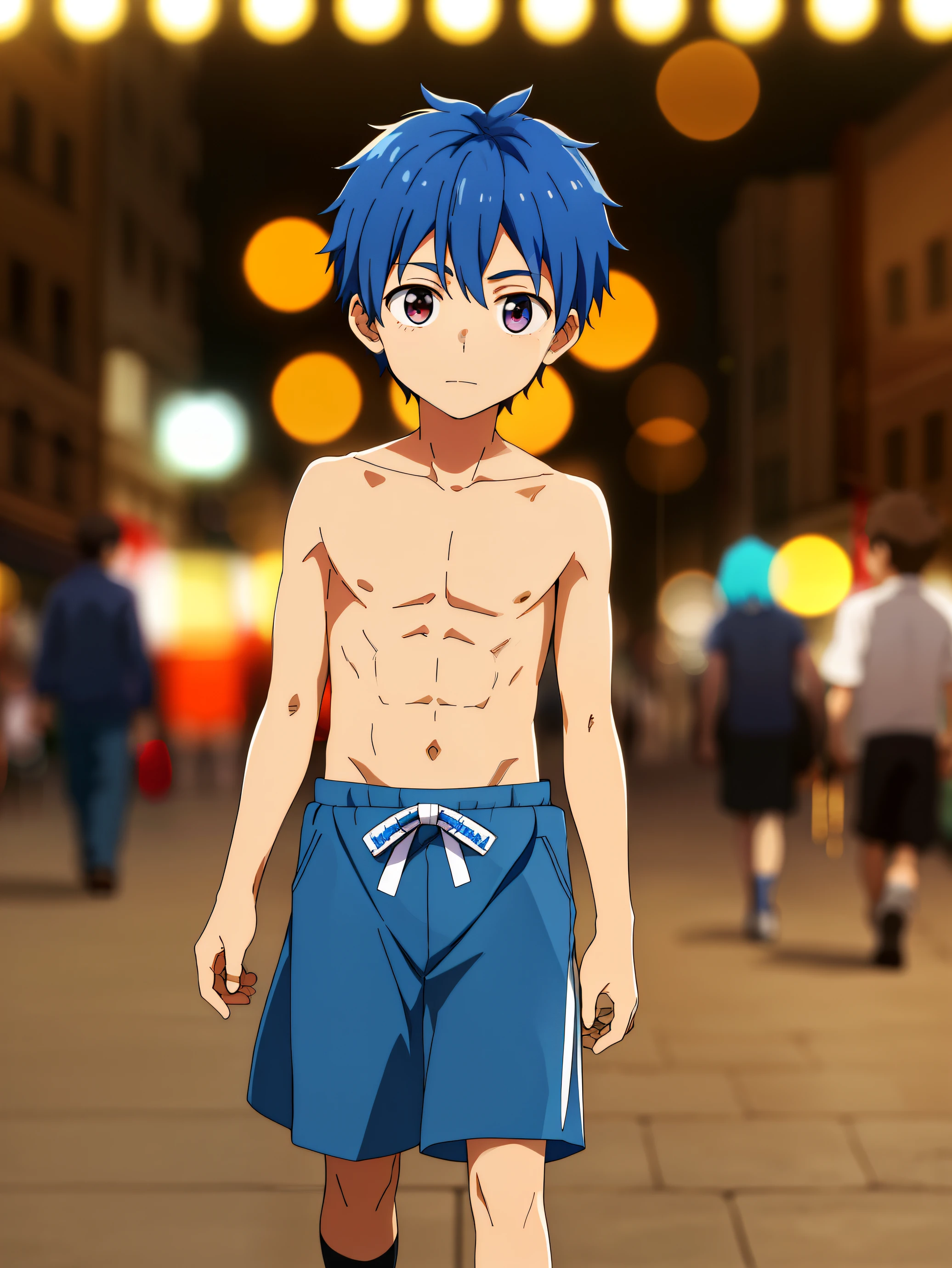 Highres, Masterpiece, Best quality at best,Best Quality,hight quality, hight detailed, 1boy, Boy,Fluffy hair, Side bangs, Shota, Thin young boy without a shirt, Blue hair, he walks lost looking at a city, 14-years-old, Egyptian tribal skirt on, (very small and short stature), (very young boy), s, Blurry and simple beckground, bokeh, Uhd