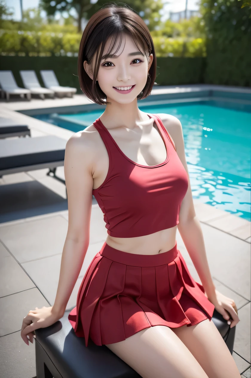 The beauty of 8K raw photos:2.0, Japanese woman, short hair, beautiful face and dark eyes, looking down, looking at the viewer:1.5, big smile, wet hair, tiny top, put hands on the hip, (tank top, red skirt:1.2), shinny skin, realistic:1.9, very detailed, full body shot:1.2, High resolution RAW color photos, professional photos, Taken at the pool side, sitting on the chair, girl sexy portrait