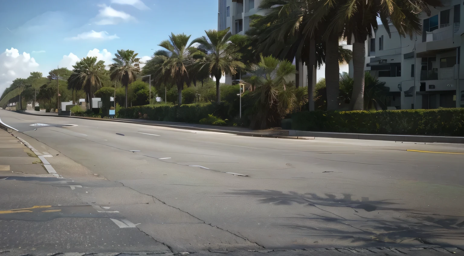 A captivating and diverse image of a highway running alongside a modern cityscape. The wide stretch of pavement extends toward the horizon, with palm trees scattered throughout the scenery. This imaginative picture is sure to ignite your wanderlust.