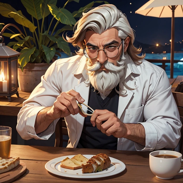 Homem de cabelo medio amarrado comprido com barba do tamanho medio usando oculos e cestido de jaleco branco sentado em uma mesa fumando um cachimbo