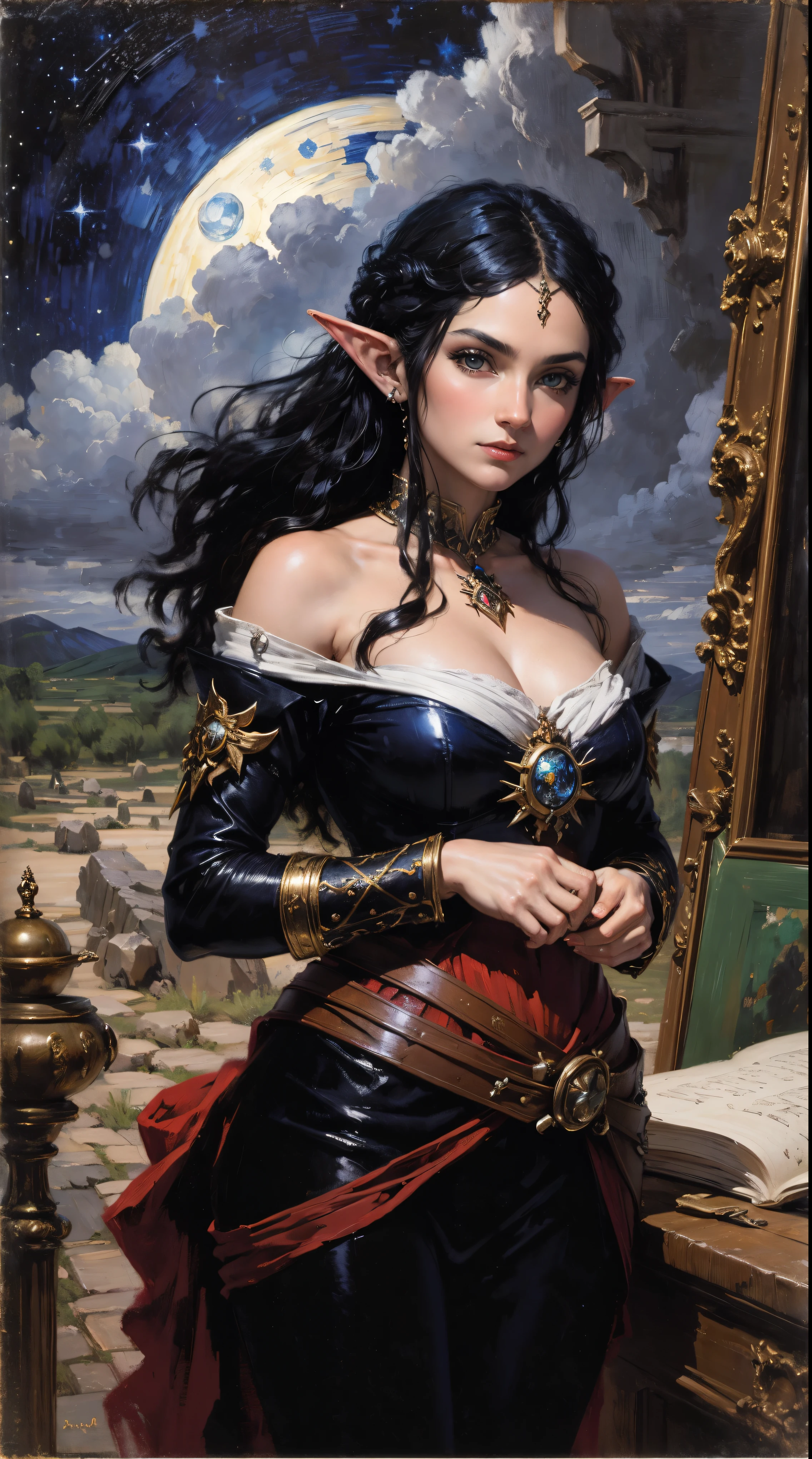 elf woman ,black hair, romatic light,(fechin oil painting),starry night,sky,clouds ,moon,glowing eyes, pirate outfit, 
