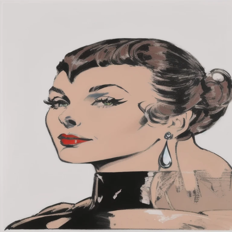 there is a drawing of a woman with a red lipstick, digital art of an elegant, ( art fitzpatrick ), by Hugh Hughes, in style of digital illustration, half-turned lady in evening gown, pop art cartoon style, drawn in a noir style, 1950s illustration style, portrait of audrey hepburn, lowbrow pop art style, face portrait of an elegant, muscle neck