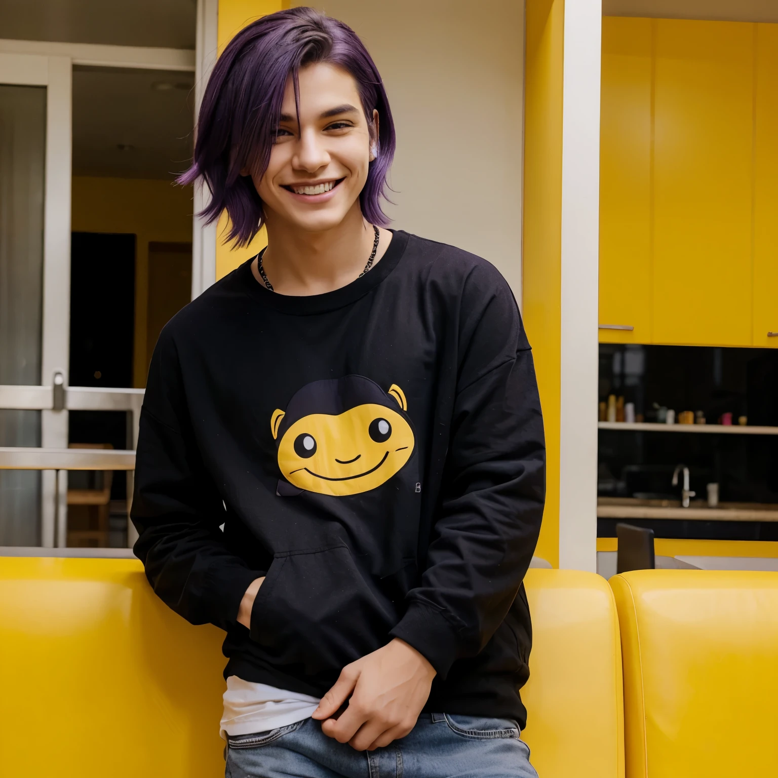 A character with purple hair with a big yellow smile wearing casual black clothes like he's been arrested and likes to make fun of everyone. He was imprisoned in the most powerful prison in the world for making fun of the entire universe and has a clown nose