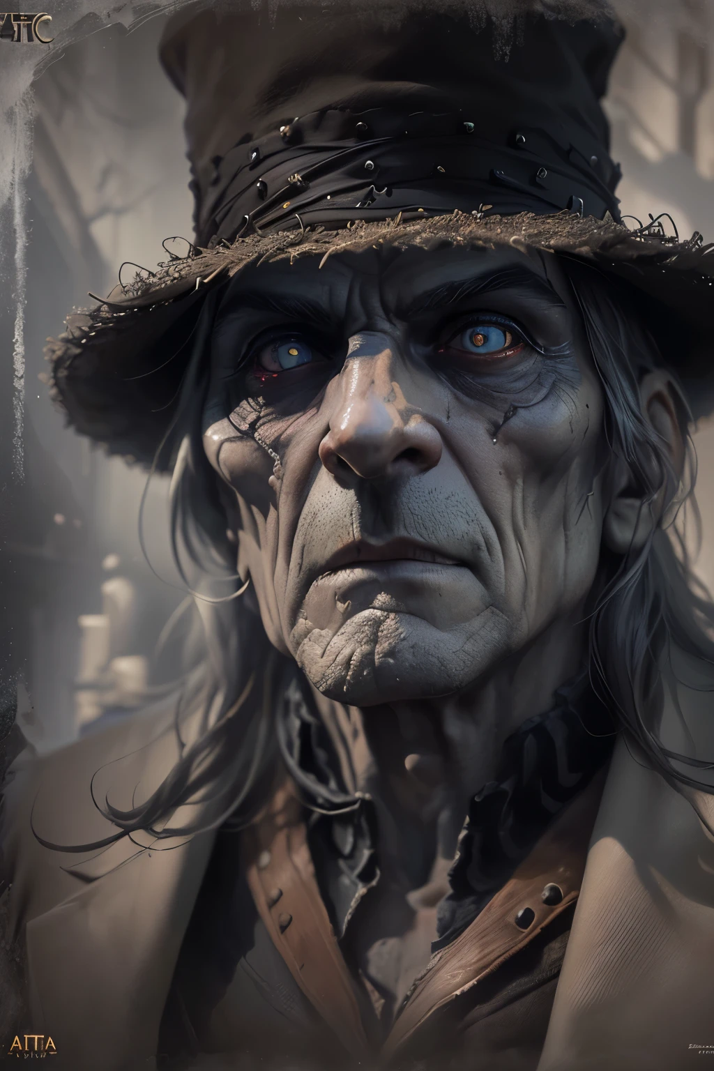 (Realistic:1.5) Best quality, masterpiece, ultra high res, Portrait photo of Johnny Depp with rotting flesh, exposed bones, and tattered remnants of his iconic costume. His eyes glow with an otherworldly, haunting light, and her expression is a mix of ferocity and hunger. Despite her grotesque appearance, there is an undeniable allure to him as he exudes a dark and menacing presence. The attention to detail in the decayed flesh, the exposed bones, and the tattered costume is astonishing, creating a realistic and chilling portrayal of a zombified Johnny Depp. On eye level, scenic, masterpiece. (Johnny Depp:1)