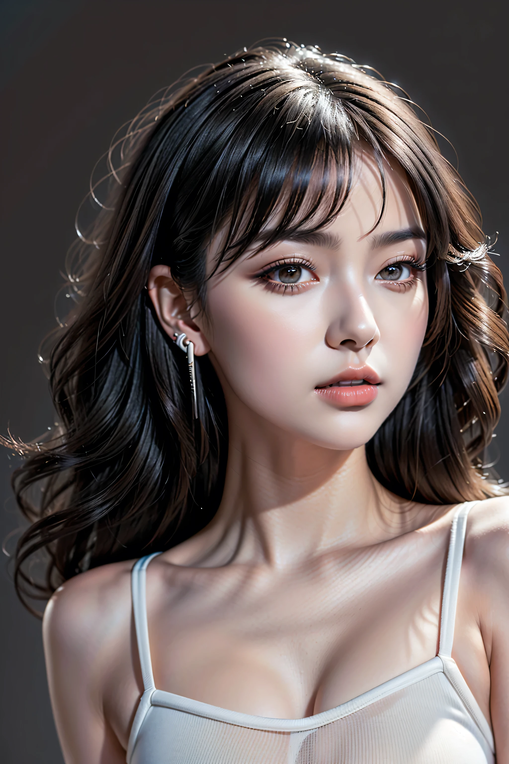 Realism, a realistic photo of (1girl:1.3, 20-year-old), ((in a photo studio)), (Warm color background:1.25), ((mid long (black:1.2) hair, ((wavy, combed up, behind the ear)), extremely complicated details:1.45)), (extremely detailed CG unity 8k wallpaper), (best high quality real texture skin:1.3, A woman with velvety skin:1.2), ((best high quality real texture hair)), photo of the most beautiful artwork in the world, professional majestic (photography by Steve McCurry), 8k uhd, dslr, soft lighting, high quality, Fujifilm XT3 sharp focus, f 5.6, High Detail, dramatic, (((stand straight, head turned to the left:1.45))), Wear a white tank top, (the most absurd quality perfect eyes:1.25), ((super beautiful cute sharp-face)), (light pale complexion), ((clear no blur and sharp perfect round realistic dark black_eyes:1.66)), ultra details:1.2), ((finely detailed pupils:1.2)), (((close set eyes:1.5))), ((detailed symmetrical lips:1.3)), pink_lipstick:1.18, ((professional studio lighting, eyes, body and face lighting:1.3)), ((zoom out the camera:1.48)), full length frame, diffused soft lighting, shallow depth of field, sharp focus, hyperrealism, cinematic lighting