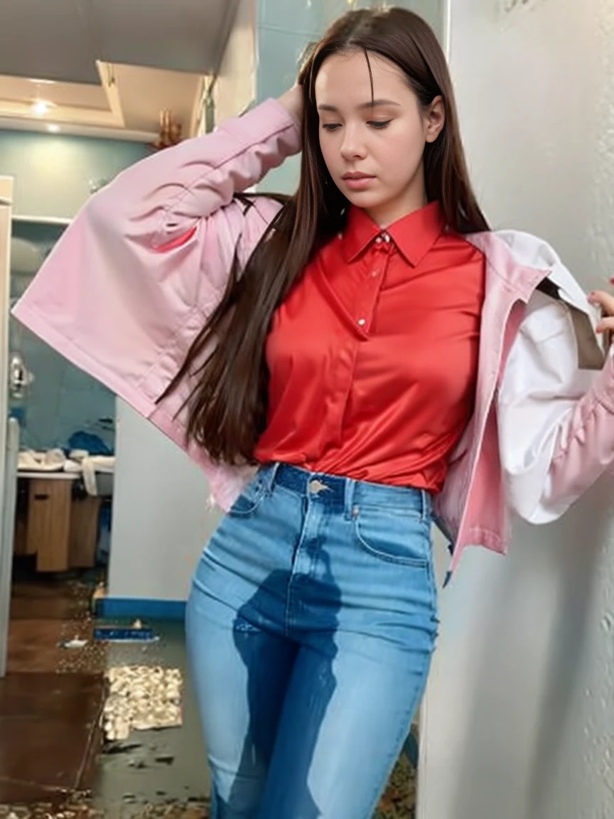 a RAW photograph of a smart looking 1girl, solo, wearing a collared shirt, long sleeves, shirt tucked in, cowboy shot, photographed on a Fujifilm XT3, 80mm F/1.7 prime lens, cinematic film still, cinestill 500T, highly detailed, masterpiece, highest quality, intricately detailed, HDR, 8k, uhd, photorealistic, (pp clothes), soaking wet clothes