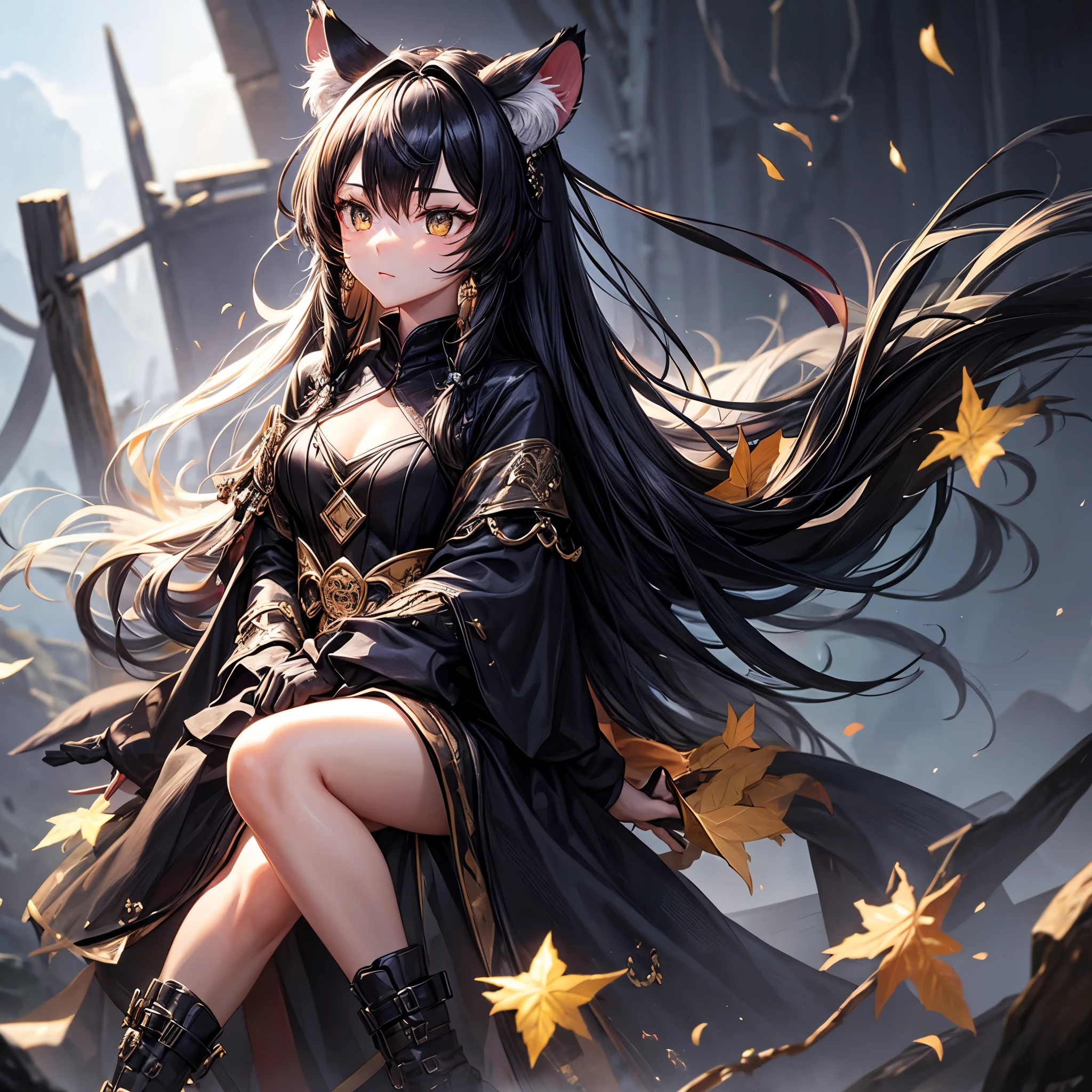 highest quality,black tiger ears,Black tiger's tail,Very big,whole body,long hair,black hair,female,black armor,scythe