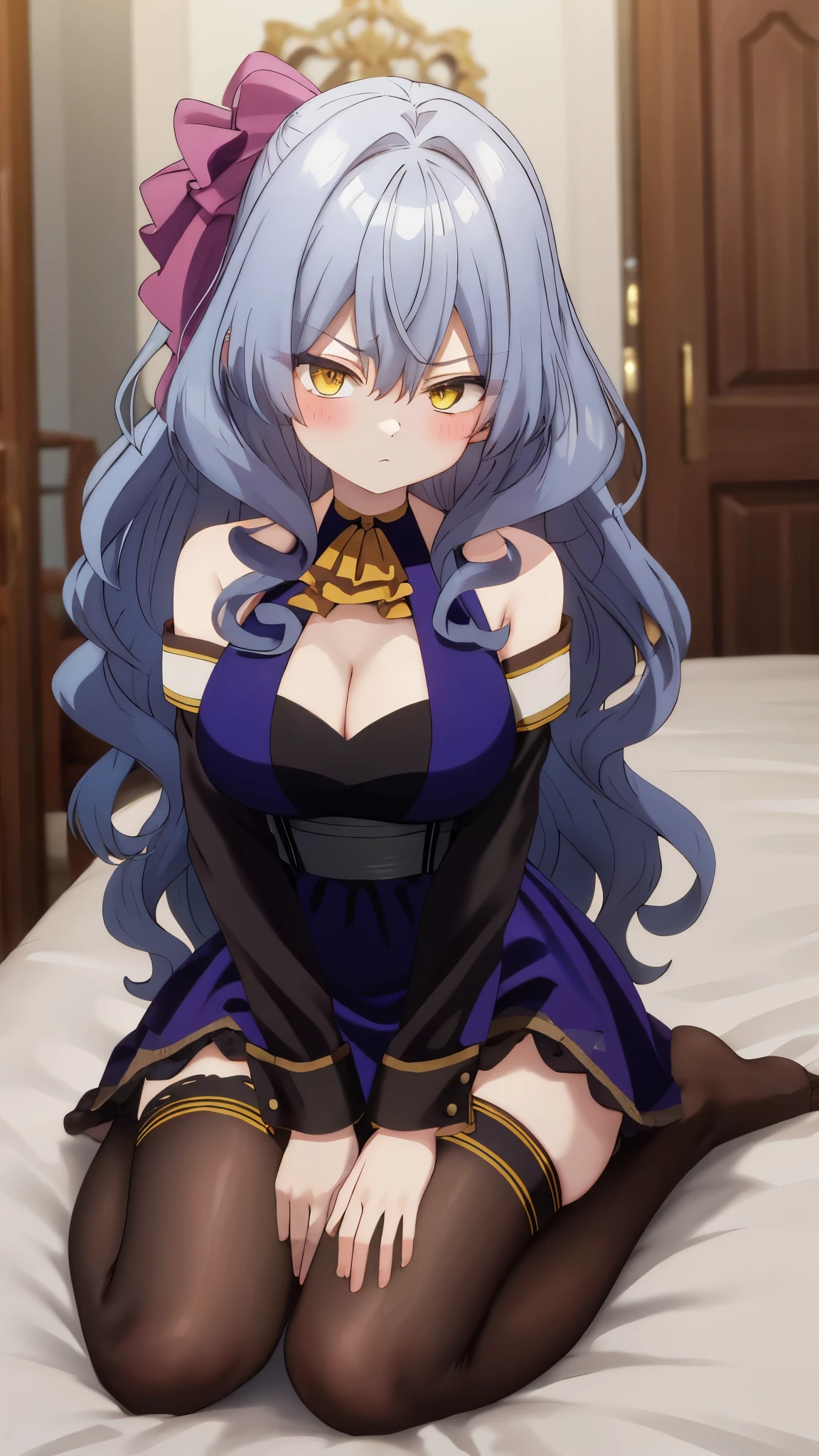 One girl with wavy hair, bangs, yellow eyes, looking at viewer, blushing, embarrassed, serious expression, indoor, bedroom, dress, dress, long hair, ascot, large breasts, cleavage, sleeveless dress, thigh, sitting, kneeling pose, bare legs, mid-chest, day atmosphere, hair ornament, medium breasts,  focus, blurry background, mature female, stocking